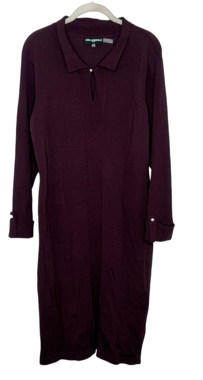 Karl Lagerfeld Paris Maroon Ribbed Collared Keyhole Knit Pearl Detail Dress L